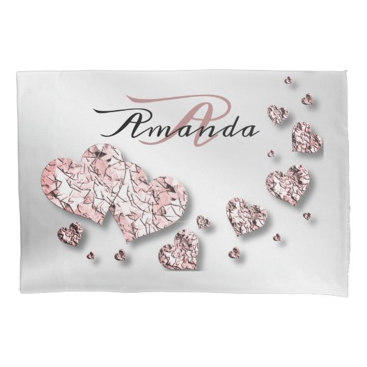 Monogram naam roze perzik glanzende harten geometr kussensloop (Voorkant)
