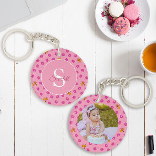 Monogram Naam roze waterverf Bee Flowers patroon Sleutelhanger
