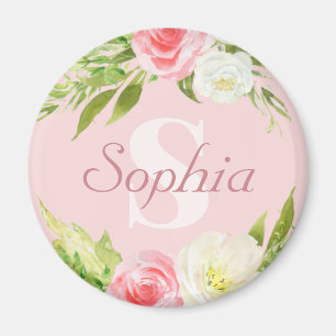Monogram Naam Roze Waterverf Floral Magneet