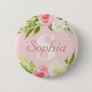 Monogram Naam Roze Waterverf Floral Ronde Button 5,7 Cm