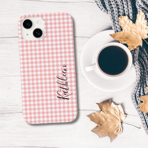Monogram Naam Roze Wit Gingham Check Plaid Case-Mate iPhone 14 Hoesje