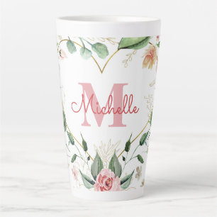 Monogram Naam Roze Wit Rose Waterverf Bloemen Latte Mok