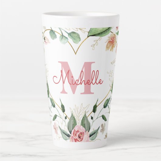 Monogram Naam Roze Wit Rose Waterverf Bloemen Latte Mok (Voorkant)