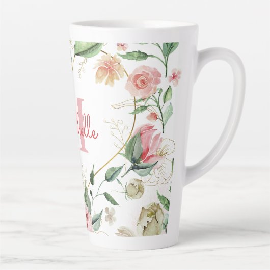 Monogram Naam Roze Wit Rose Waterverf Bloemen Latte Mok (Rechts)