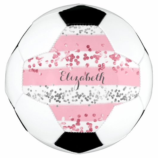 Monogram Naam Roze Witte Glitter Girly Trendy Voetbal (Voorkant)