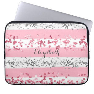 Monogram Naam Roze Witte Glitter Trendy Laptop Sleeve