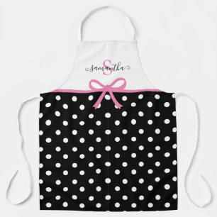 Monogram Naam Roze Zwarte Polka Dots Ribbon Kitche Schort