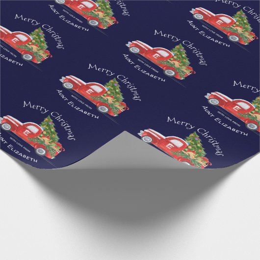Monogram naam Rustic Red Truck Navy Kerstmis Cadeaupapier (Hoek)