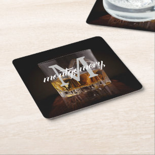 Monogram Naam Rustic Whiskey Glass Vierkante Kartonnen Onderzetter