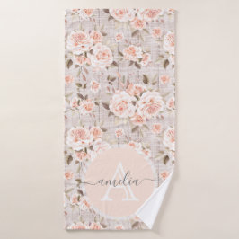 Monogram Naam Rustic Wood &  Rozen Romantic Badhanddoek