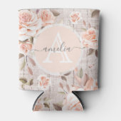 Monogram Naam Rustic Wood & Rozen Romantic Blikjeskoeler (Voorkant)
