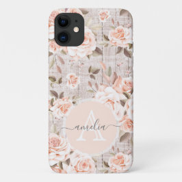 Monogram Naam Rustic Wood &  Rozen Romantic iPhone 11 Hoesje