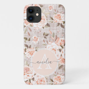 Monogram Naam Rustic Wood &  Rozen Romantic iPhone 11 Hoesje