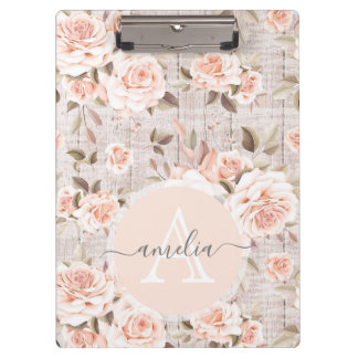 Monogram Naam Rustic Wood & Rozen Romantic Klembord