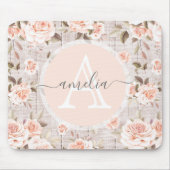 Monogram Naam Rustic Wood & Rozen Romantic Muismat (Voorkant)