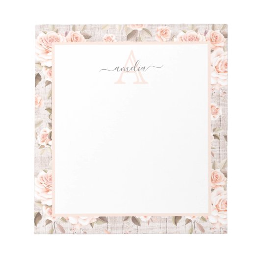 Monogram Naam Rustic Wood &  Rozen Romantic Notitieblok (Voorkant)