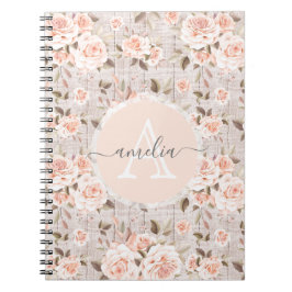 Monogram Naam Rustic Wood &  Rozen Romantic Notitieboek