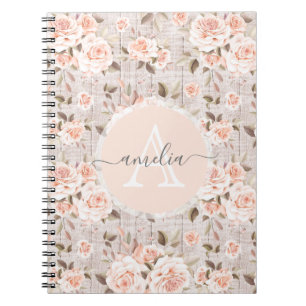 Monogram Naam Rustic Wood & Rozen Romantic Notitieboek