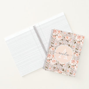 Monogram Naam Rustic Wood & Rozen Romantic Notitieboek