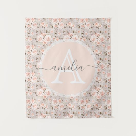 Monogram Naam Rustic Wood &  Rozen Romantic Wandkleed (Voorkant)