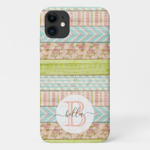 Monogram Naam Shabby-Rozen op bijtende houten kato iPhone 11 Hoesje