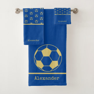 Monogram naam Soccer Football Gold Blue Bad Handdoek