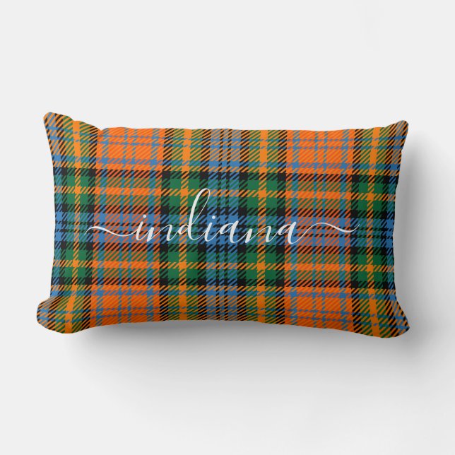 Monogram Naam Spuit Oranje Groen Tartan Kussen (Voorkant)