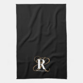 Monogram Naam Stijlvol Zwart Goud Script Theedoek (Verticaal)