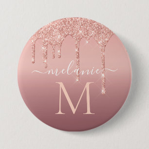 Monogram Naam Tekst Roos Gold Blush Glitter Button