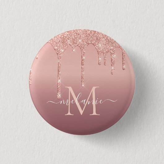 Monogram Naam Tekst Roos Gold Blush Glitter Button (Voorkant)