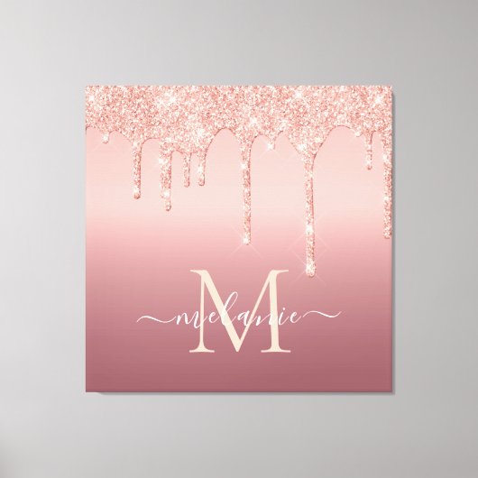 Monogram Naam Tekst Roos Gold Blush Glitter Sparkl Canvas Afdruk (Voorkant)