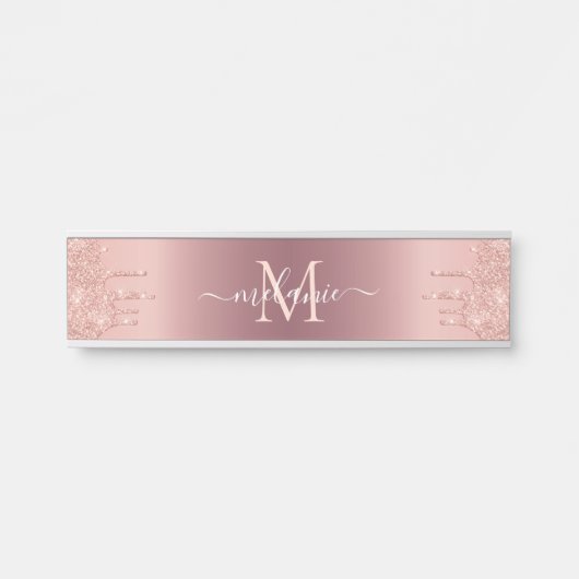 Monogram Naam Tekst Roos Gold Blush Glitter Sparkl Deurbordje (Voorkant)