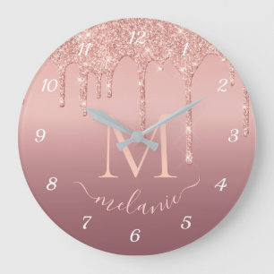 Monogram Naam Tekst Roos Gold Blush Glitter Sparkl Grote Klok