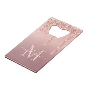 Monogram Naam Tekst Roos Gold Blush Glitter Sparkl Kredietkaart Flessenopener