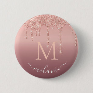 Monogram Naam Tekst Roos Gold Blush Glitter Sparkl Ronde Button 5,7 Cm