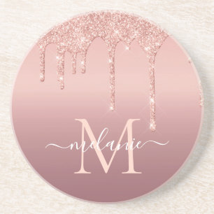Monogram Naam Tekst Roos Gold Blush Glitter Sparkl Zandsteen Onderzetter