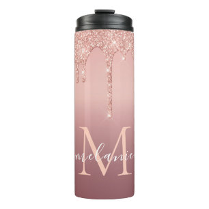 Monogram Naam Tekst Roos Gold Blush Glitter Thermosbeker