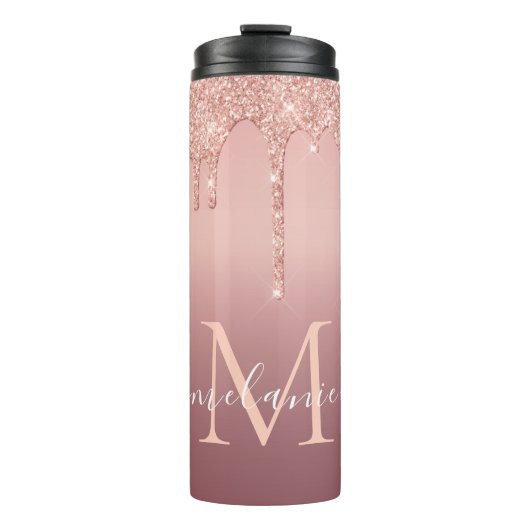 Monogram Naam Tekst Roos Gold Blush Glitter Thermosbeker (Voorkant)