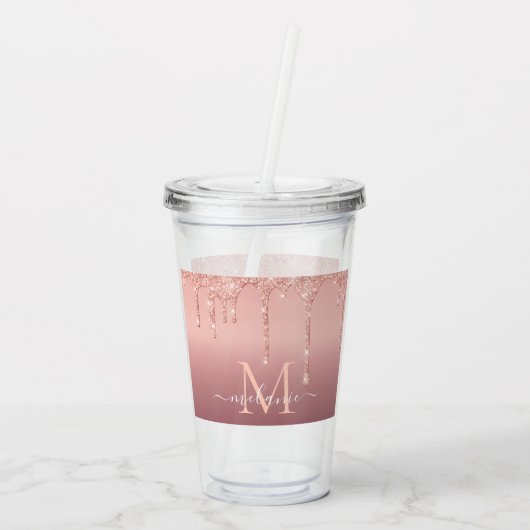 Monogram Naam Tekst Roos Gouden Acryl Tumbler Acryl Drinkbeker (Achterkant)