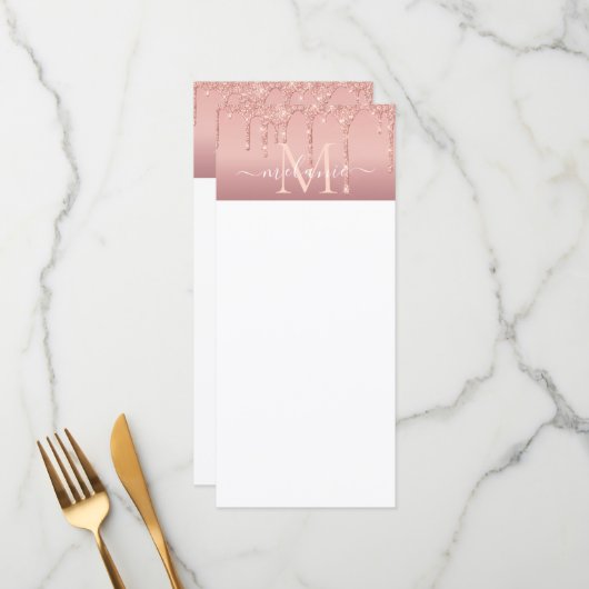 Monogram naam tekst roze goud blozen glitter menu (Voorkant / Achterkant in situ)
