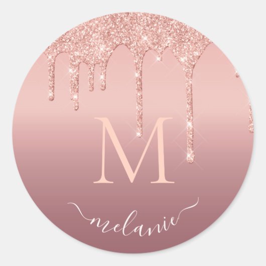 Monogram Naam Tekst Roze Goud Blozend Glitter Glan Ronde Sticker (Voorkant)