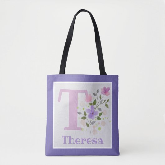 Monogram & Naam Theresa met Bloemen Draagtas (Voorkant)