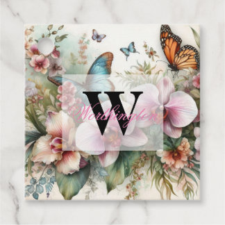 Monogram naam Tropische bloemen verlaat waterverf Bedankjes Labels