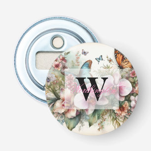 Monogram naam Tropische bloemen verlaat waterverf Button Flesopener