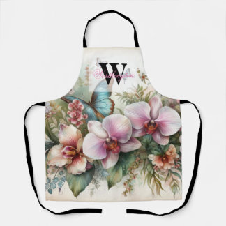 Monogram naam Tropische bloemen verlaat waterverf Schort