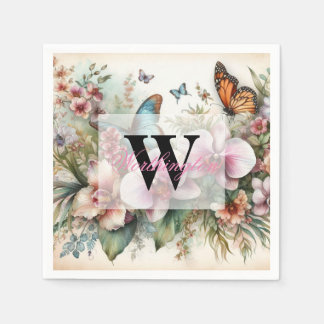 Monogram naam Tropische bloemen verlaat waterverf Servet