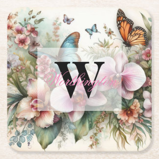 Monogram naam Tropische bloemen verlaat waterverf Vierkante Kartonnen Onderzetter