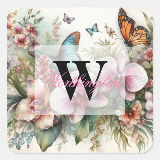 Monogram naam Tropische bloemen verlaat waterverf Vierkante Sticker