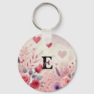 Monogram naam valentijnshartjes bloem waterverf sleutelhanger