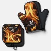 Monogram Naam Vuur Vlammen Ovenwant & Pannenlap Set (Voorkant / Achterkant)